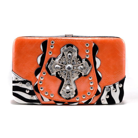 Rhinestone Cross Frame Wallet with Zebra Trim and Studs - Dasein Bags