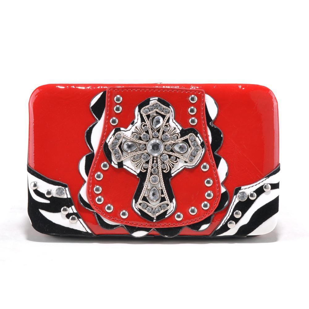 Rhinestone Cross Frame Wallet with Zebra Trim and Studs - Dasein Bags