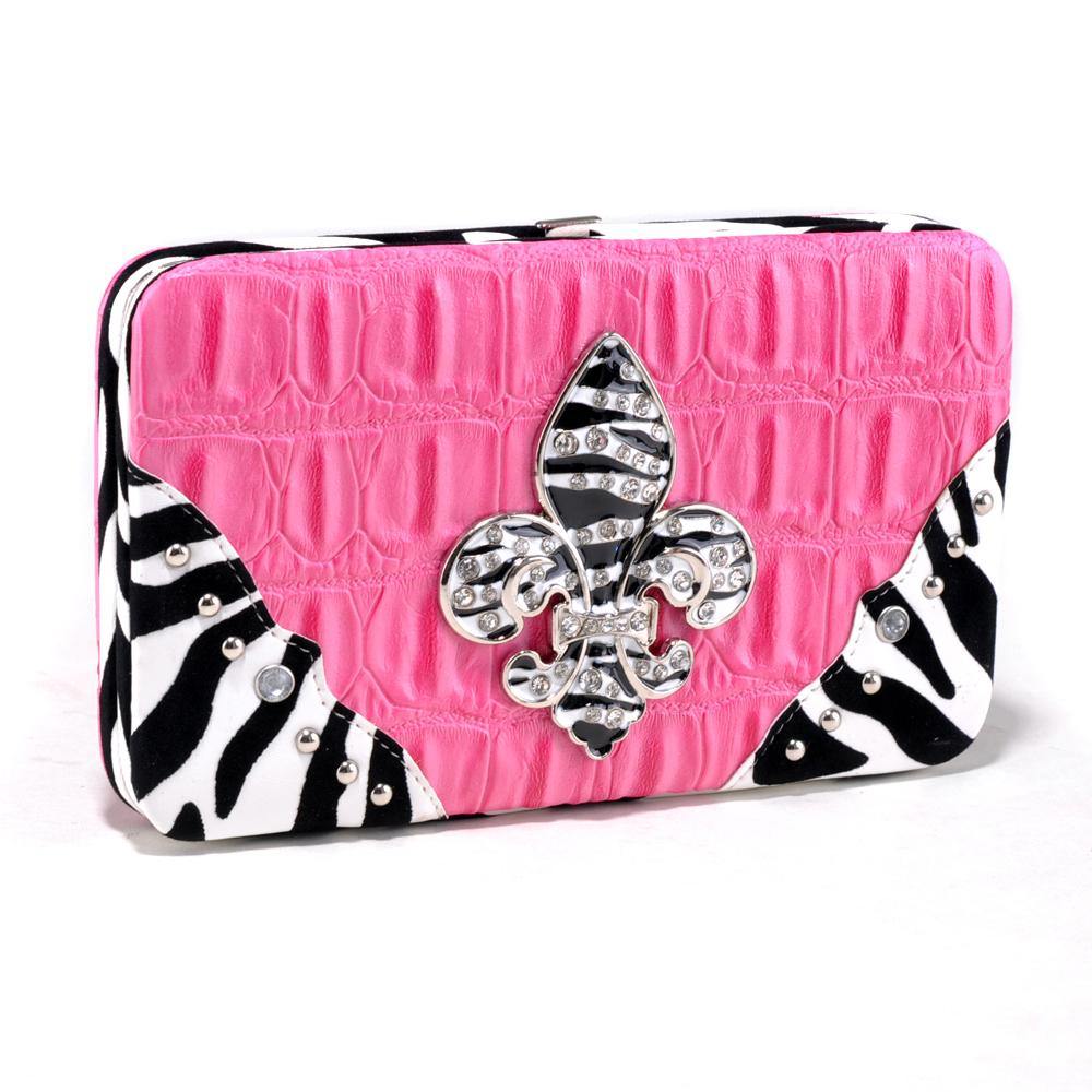Croco Embossed Wallet with Zebra Trim and Rhinestone Fleur de Lis - Dasein Bags