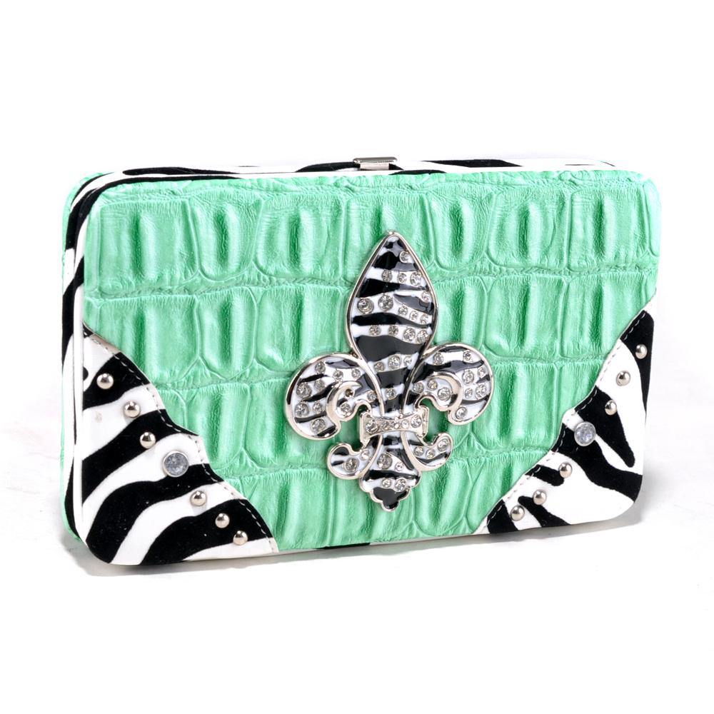 Croco Embossed Wallet with Zebra Trim and Rhinestone Fleur de Lis - Dasein Bags