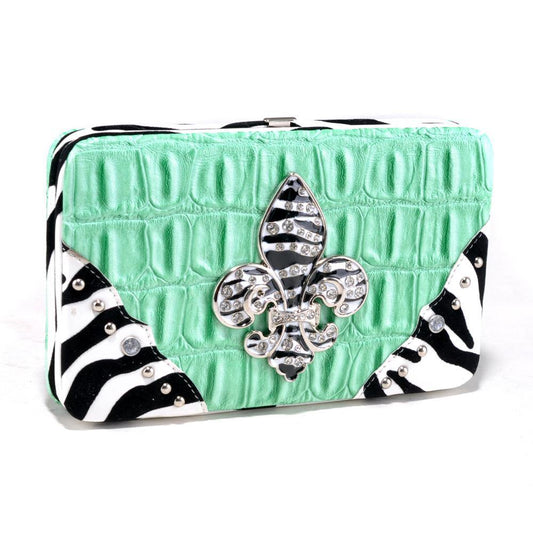 Croco Embossed Wallet with Zebra Trim and Rhinestone Fleur de Lis - Dasein Bags