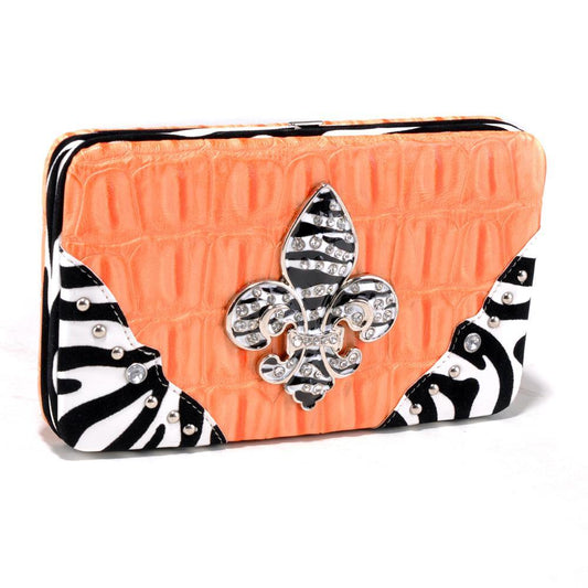 Croco Embossed Wallet with Zebra Trim and Rhinestone Fleur de Lis - Dasein Bags