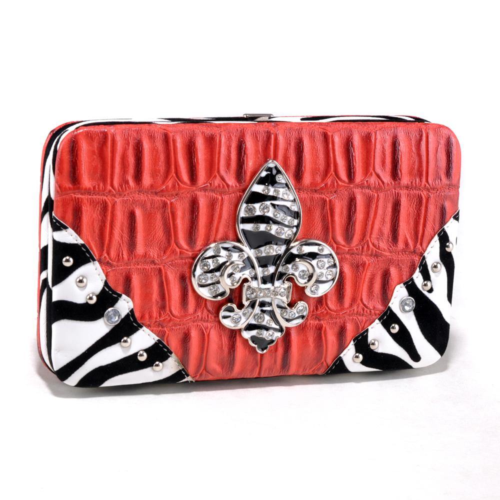 Croco Embossed Wallet with Zebra Trim and Rhinestone Fleur de Lis - Dasein Bags