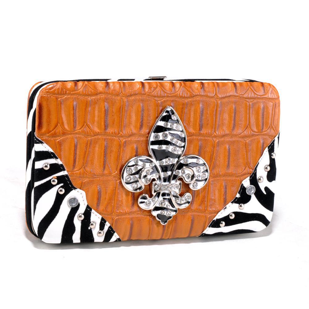 Croco Embossed Wallet with Zebra Trim and Rhinestone Fleur de Lis - Dasein Bags