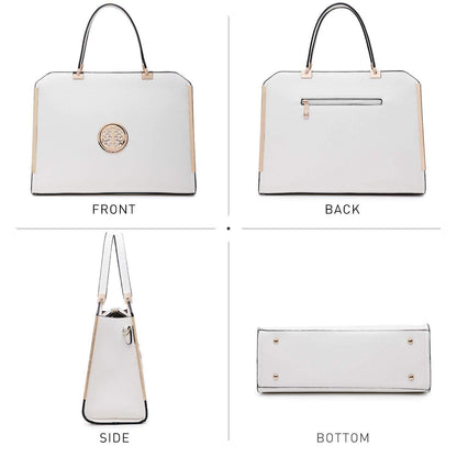 Metal Edged Emblem Handbag with Matching Wallet - Dasein Bags