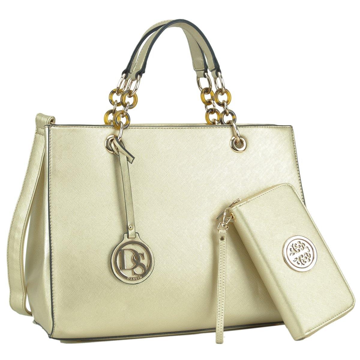 Dasein Saffiano Leather Chain Strap Satchel with Matching Wallet - Dasein Bags