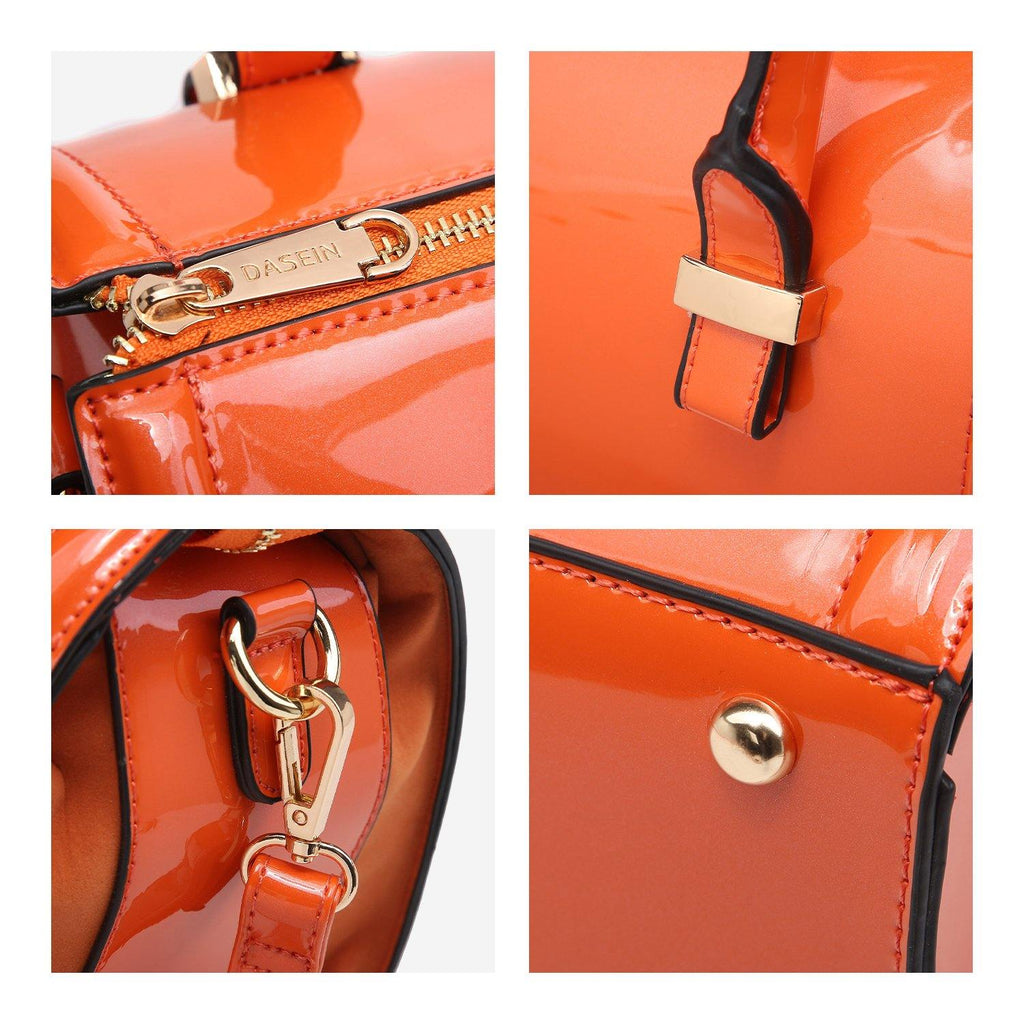 Shiny Patent Faux Leather Barrel Top Handle Satchel Bag for Women Dasein - Dasein Bags