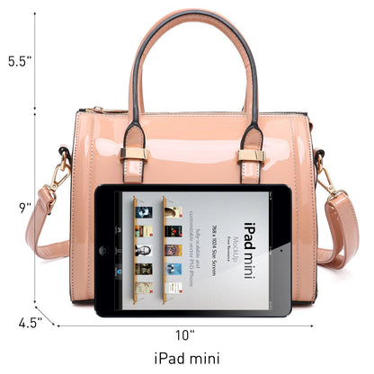 Shiny Patent Faux Leather Barrel Top Handle Satchel Bag for Women Dasein - Dasein Bags