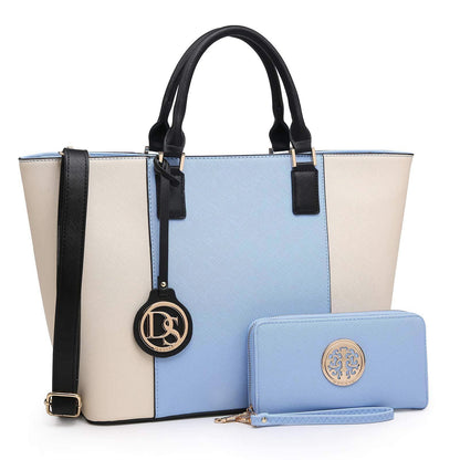 Fashion Stitching Color Large Tote Bag with Matching Wallet l Dasein - Dasein Bags