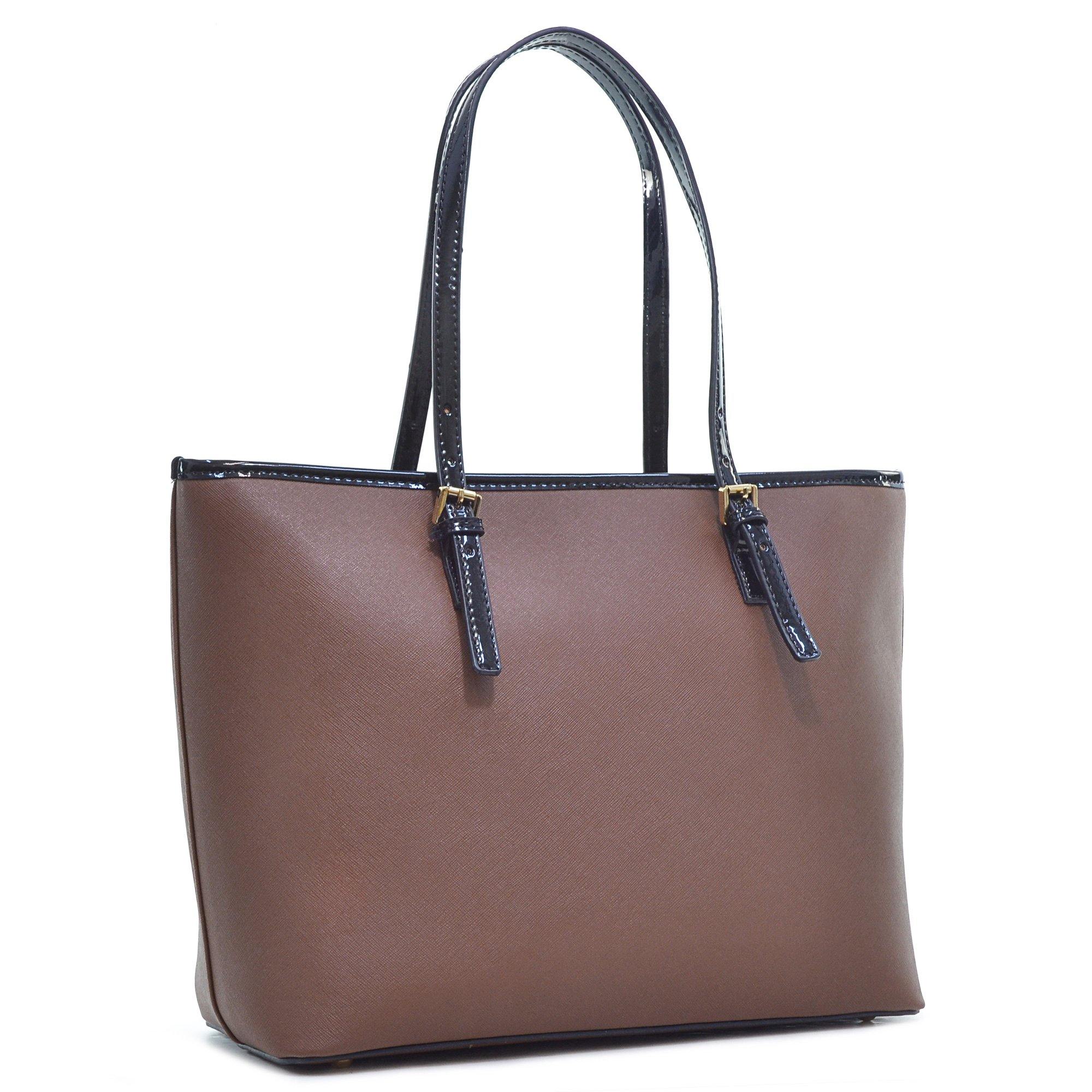 Dasein Saffiano Leather Patent Trim Tote Bag - Dasein Bags