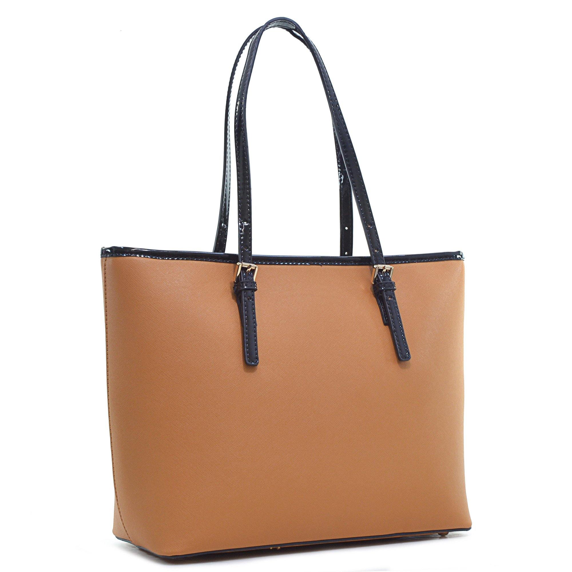 Dasein Saffiano Leather Patent Trim Tote Bag - Dasein Bags