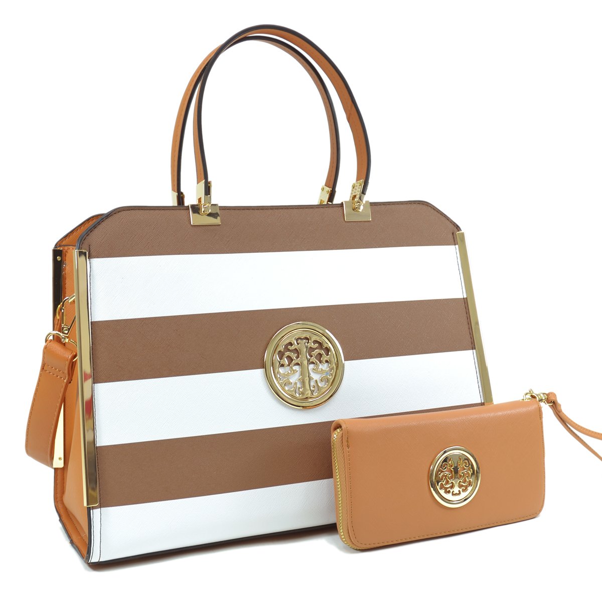 Striped Emblem Handbag with Matching Wallet-Handbags & Purses-Dasein Bags