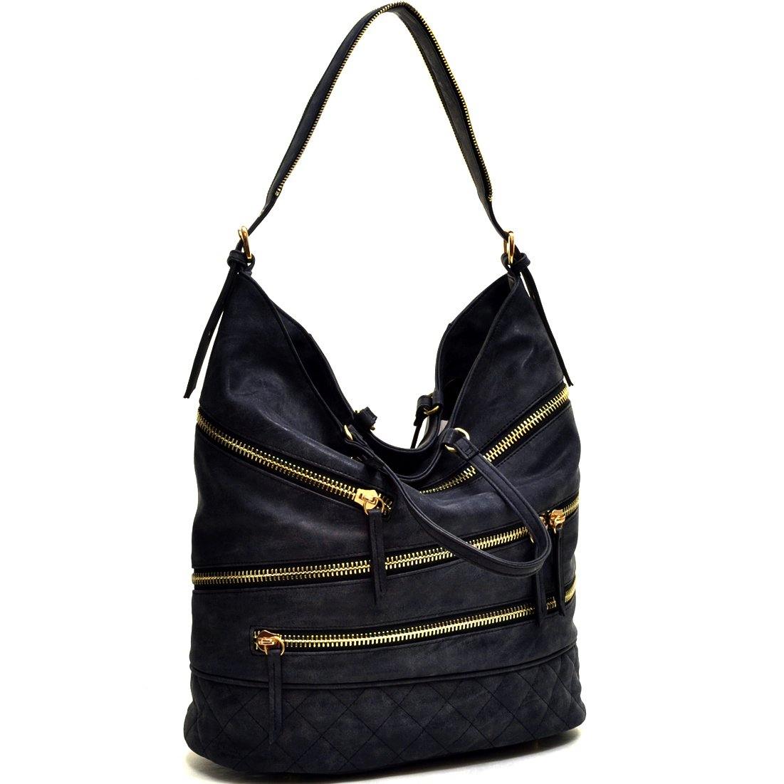 Gold-Tone Quilted Hobo Bag with Front Zipper Deco - Dasein Bags