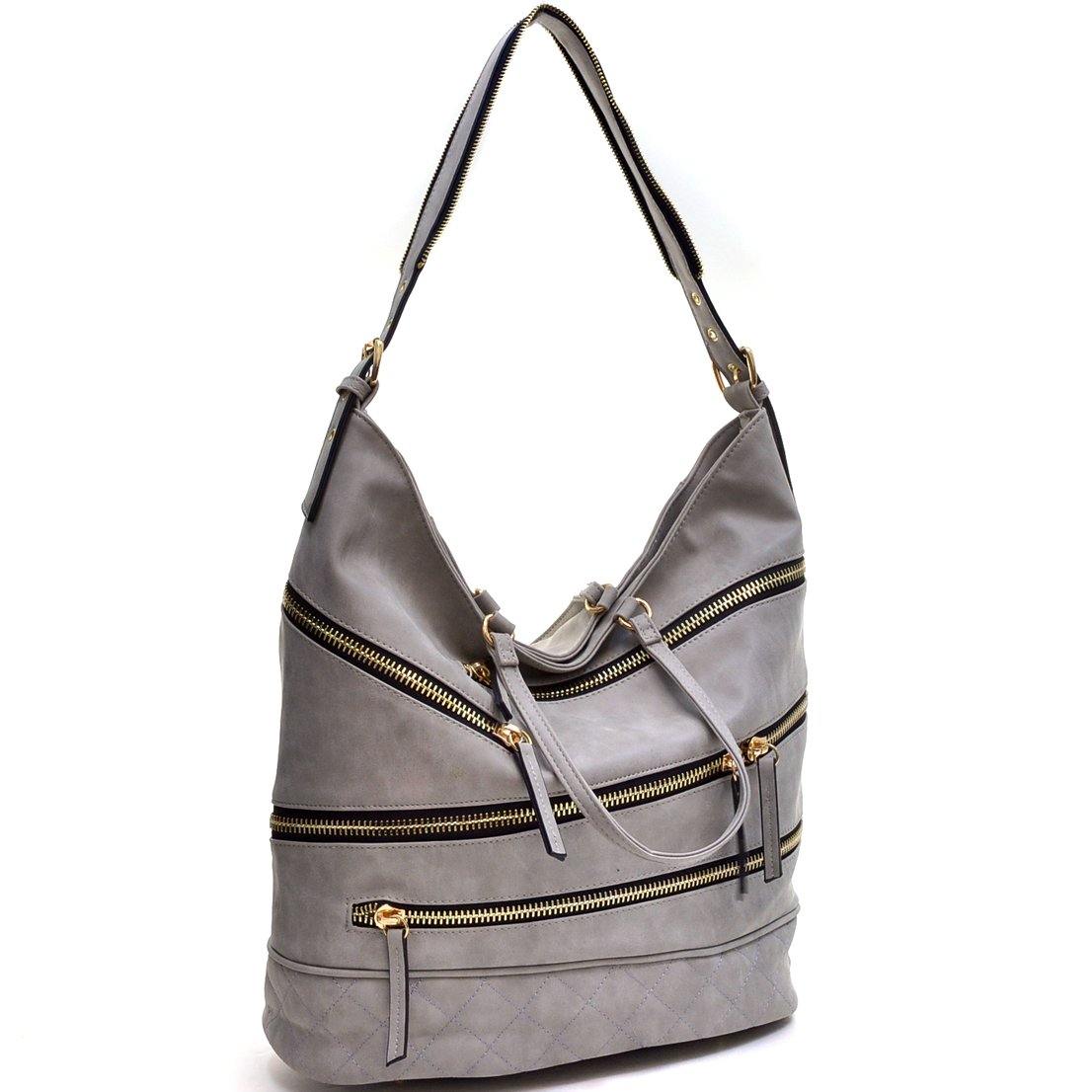 Gold-Tone Quilted Hobo Bag with Front Zipper Deco - Dasein Bags