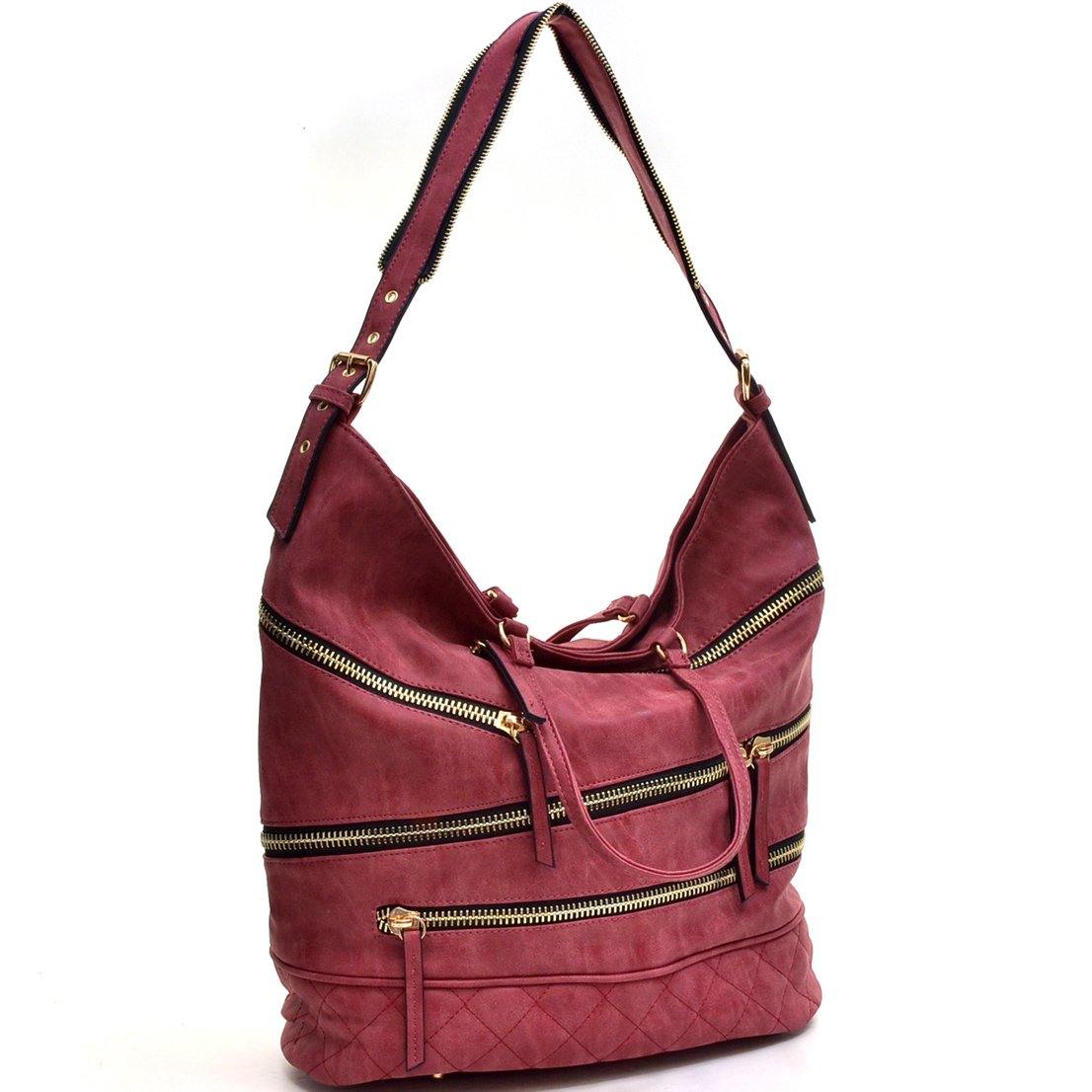 Gold-Tone Quilted Hobo Bag with Front Zipper Deco - Dasein Bags