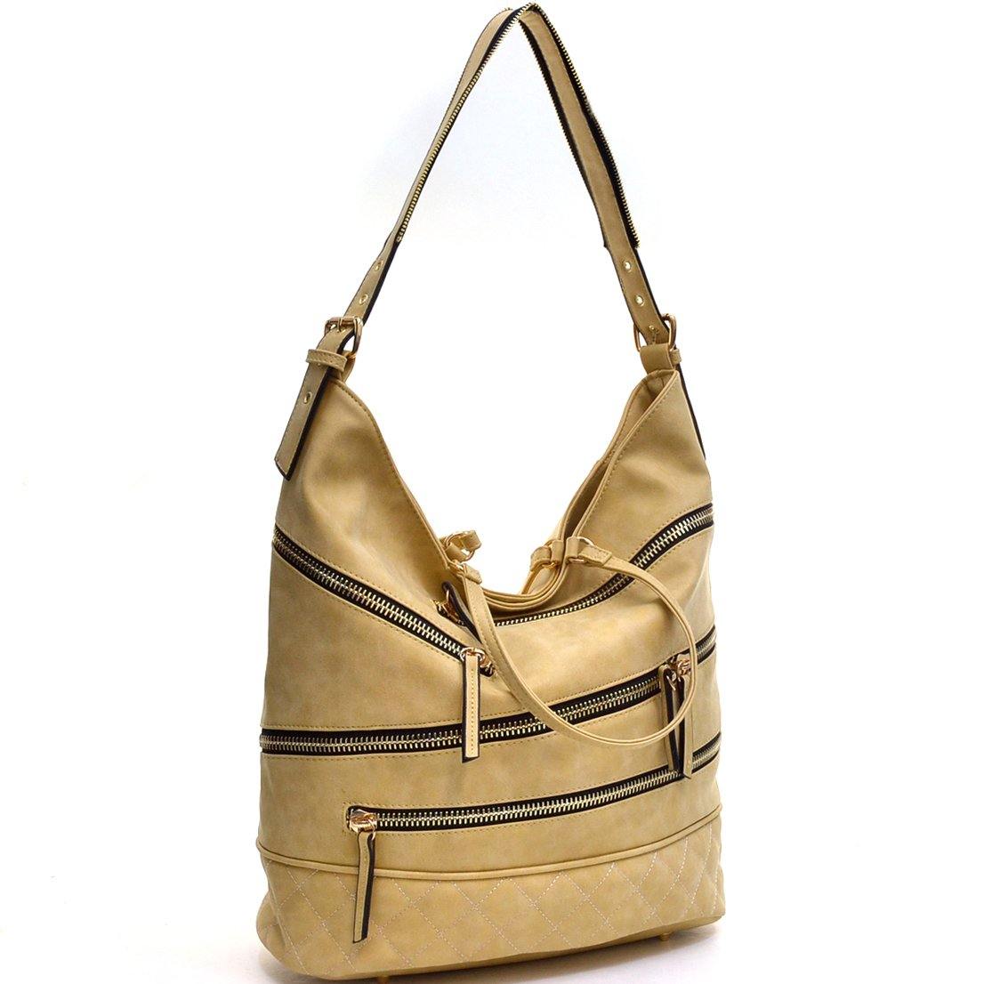 Gold-Tone Quilted Hobo Bag with Front Zipper Deco - Dasein Bags