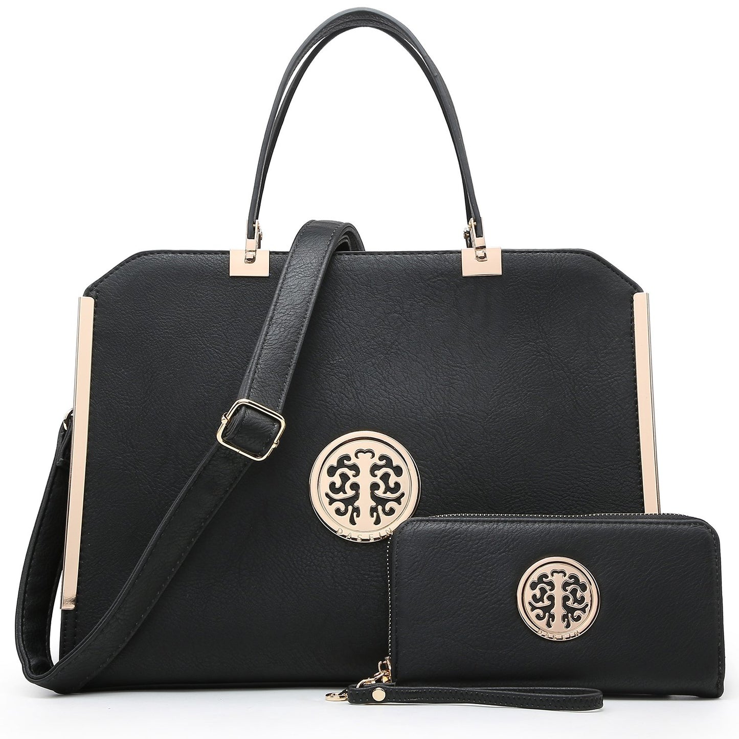 Metal Edged Emblem Handbag with Matching Wallet-Handbags-Dasein Bags