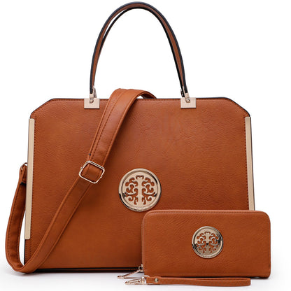 Metal Edged Emblem Handbag with Matching Wallet-Handbags-Dasein Bags