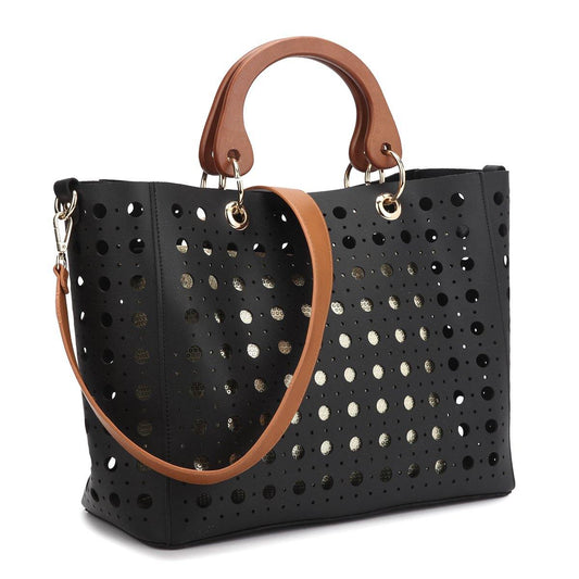 Dasein Faux Leather Wooden Handle Tote with Sequins - Dasein Bags