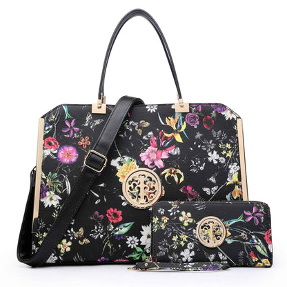 Floral Print Emblem Handbag with Matching Wallet - Dasein Bags