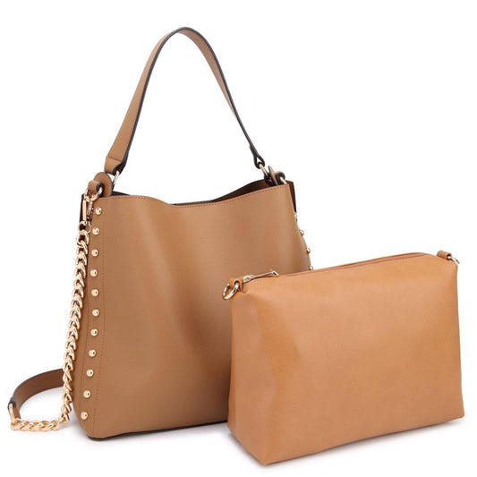 Dasein Classic Faux Leather 2-in-1 Hobo Bag with Studs design on both sides and with Matching Accessory Bag inside - Dasein Bags