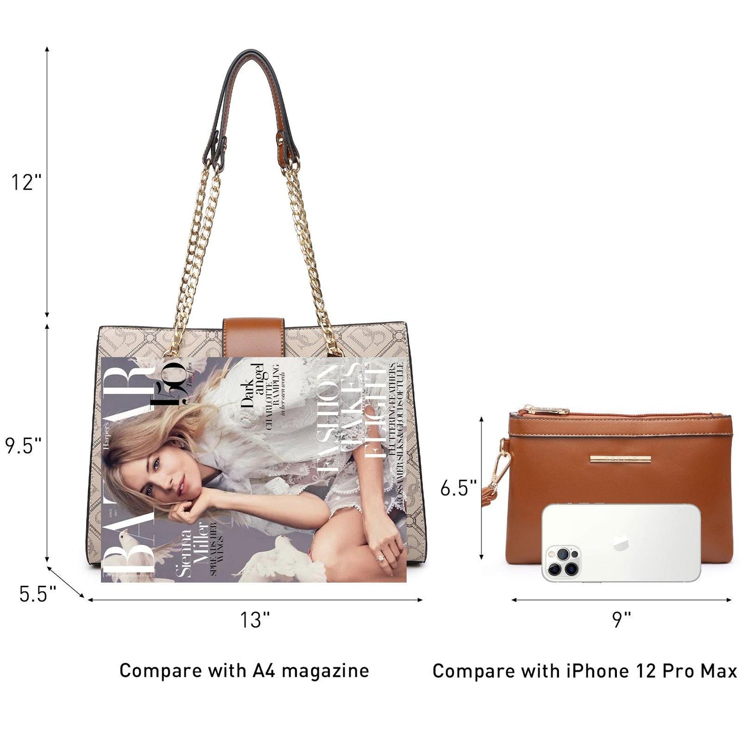 Women Fashion Chain Fashion Belt lock Tote Bags With Matching Clutch Dasein - Dasein Bags