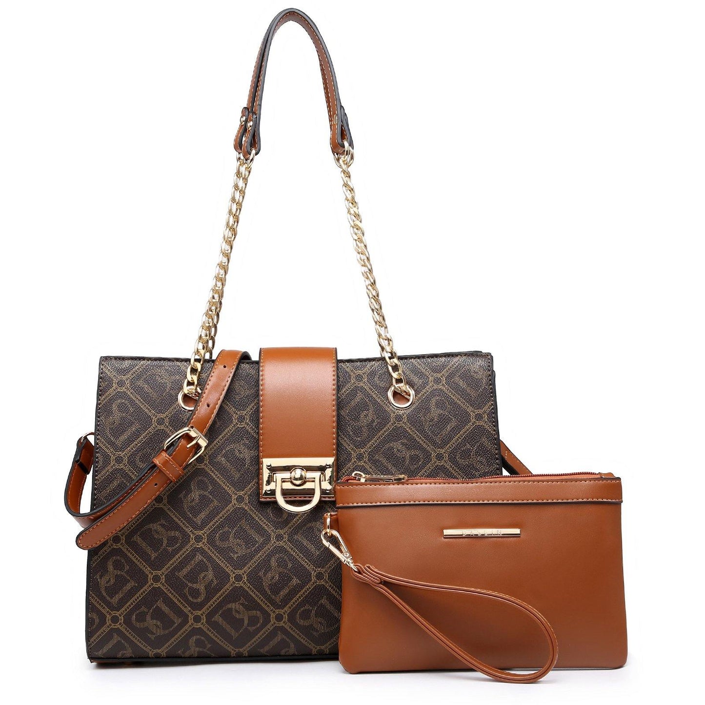 Women Fashion Chain Fashion Belt lock Tote Bags With Matching Clutch Dasein - Dasein Bags