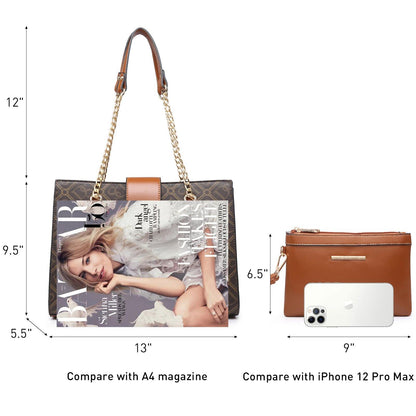 Women Fashion Chain Fashion Belt lock Tote Bags With Matching Clutch Dasein - Dasein Bags