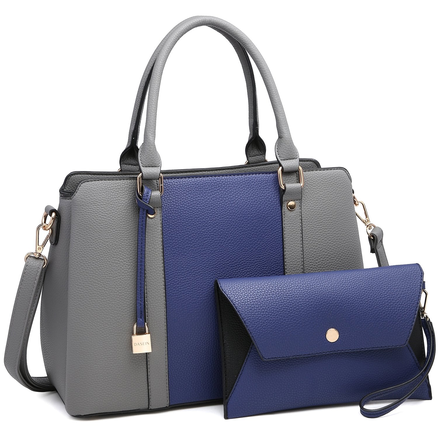 Two-Tone Padlock Satchel with Matching Wristlet-Handbags & Purses-Dasein Bags