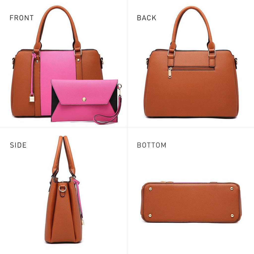 Two-Tone Padlock Satchel with Matching Wristlet - Dasein Bags