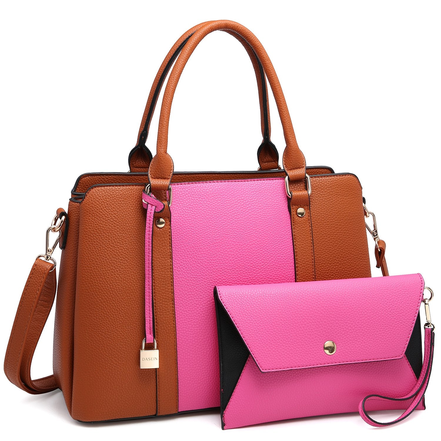 Two-Tone Padlock Satchel with Matching Wristlet-Handbags & Purses-Dasein Bags