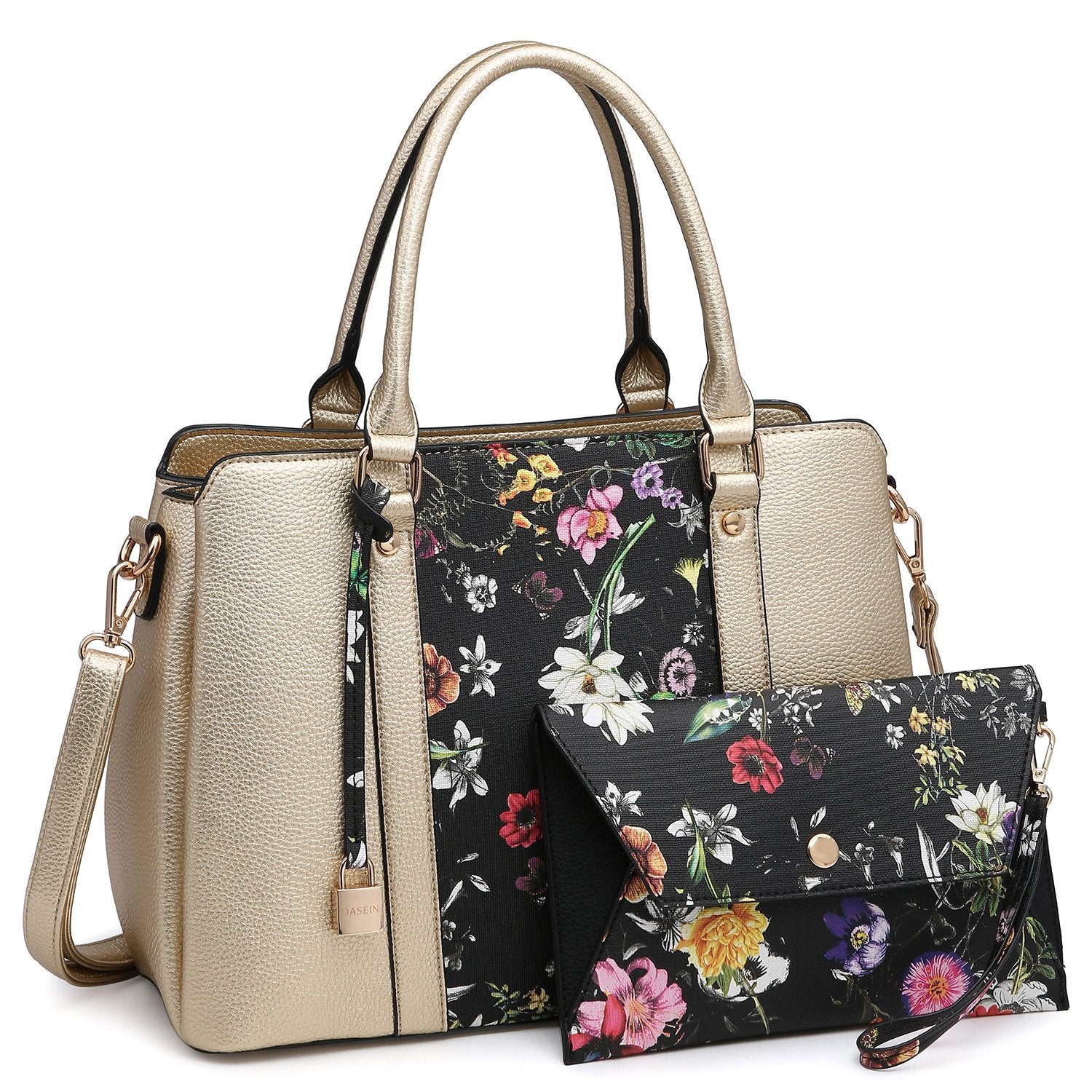 Two-Tone Padlock Satchel with Matching Wristlet-Handbags & Purses-Dasein Bags