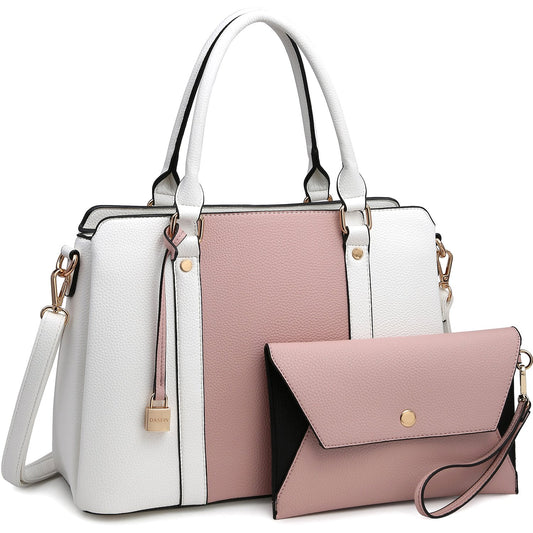 Two-Tone Padlock Satchel with Matching Wristlet-Handbags & Purses-Dasein Bags