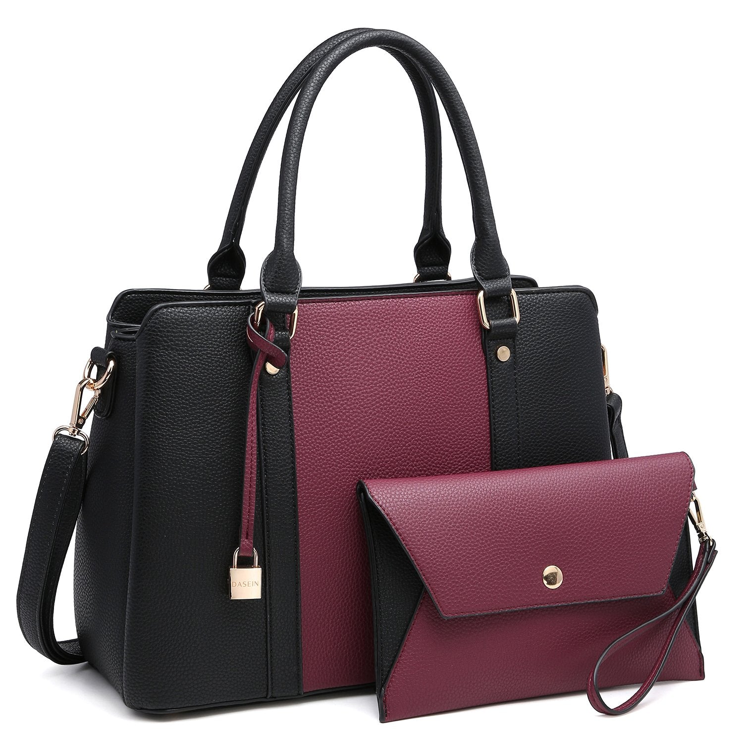 Two-Tone Padlock Satchel with Matching Wristlet-Handbags & Purses-Dasein Bags