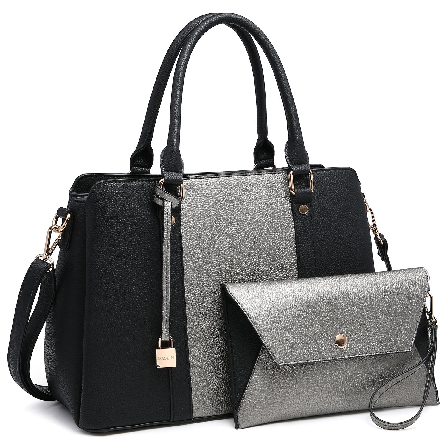 Two-Tone Padlock Satchel with Matching Wristlet-Handbags & Purses-Dasein Bags