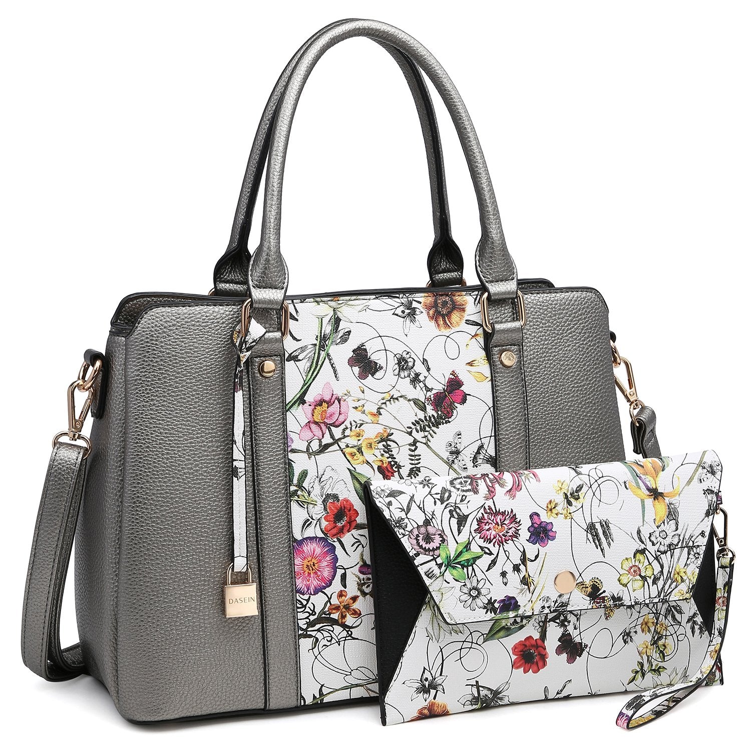 Two-Tone Padlock Satchel with Matching Wristlet-Handbags & Purses-Dasein Bags