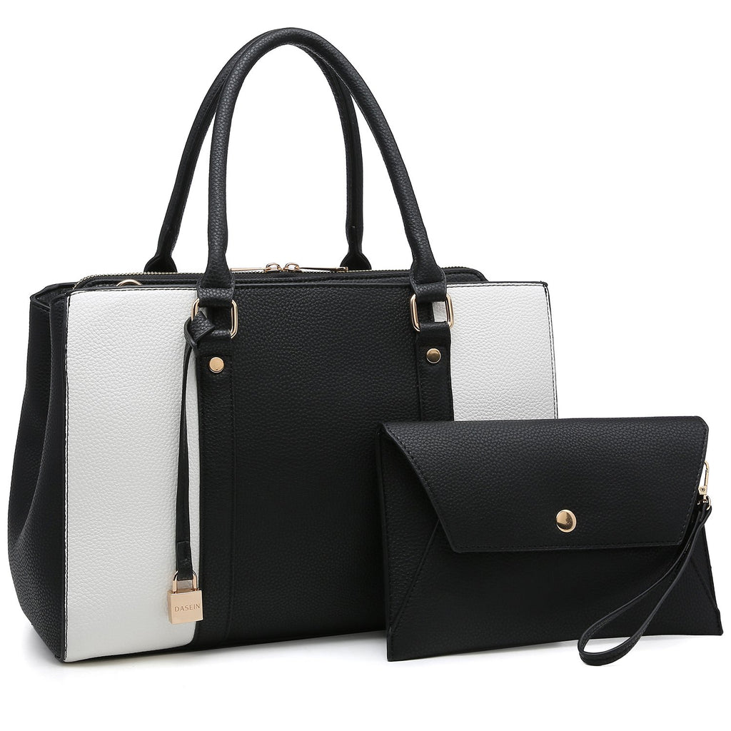 Padlock Two-Tone Satchel with Matching Wristlet-Handbags & Purses-Dasein Bags