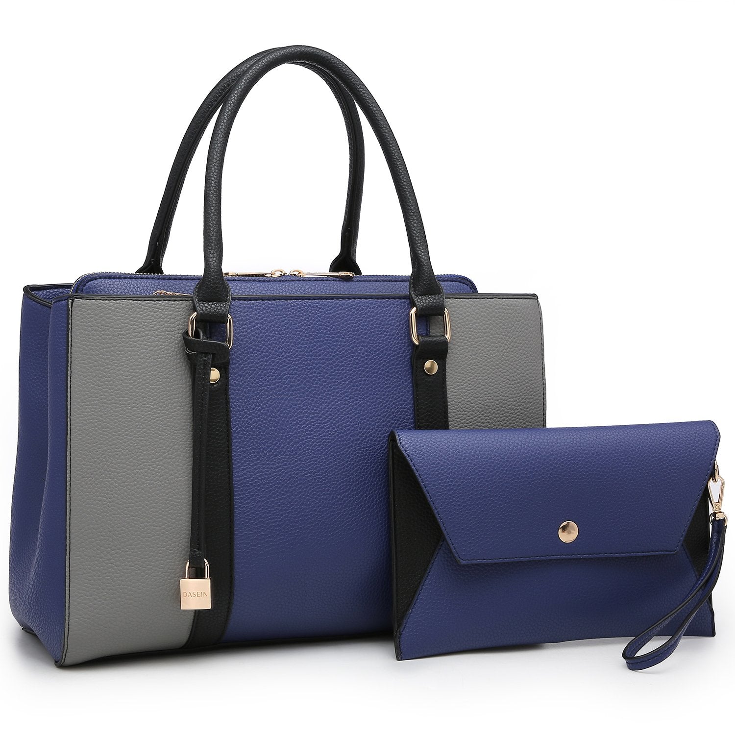Padlock Two-Tone Satchel with Matching Wristlet-Handbags & Purses-Dasein Bags
