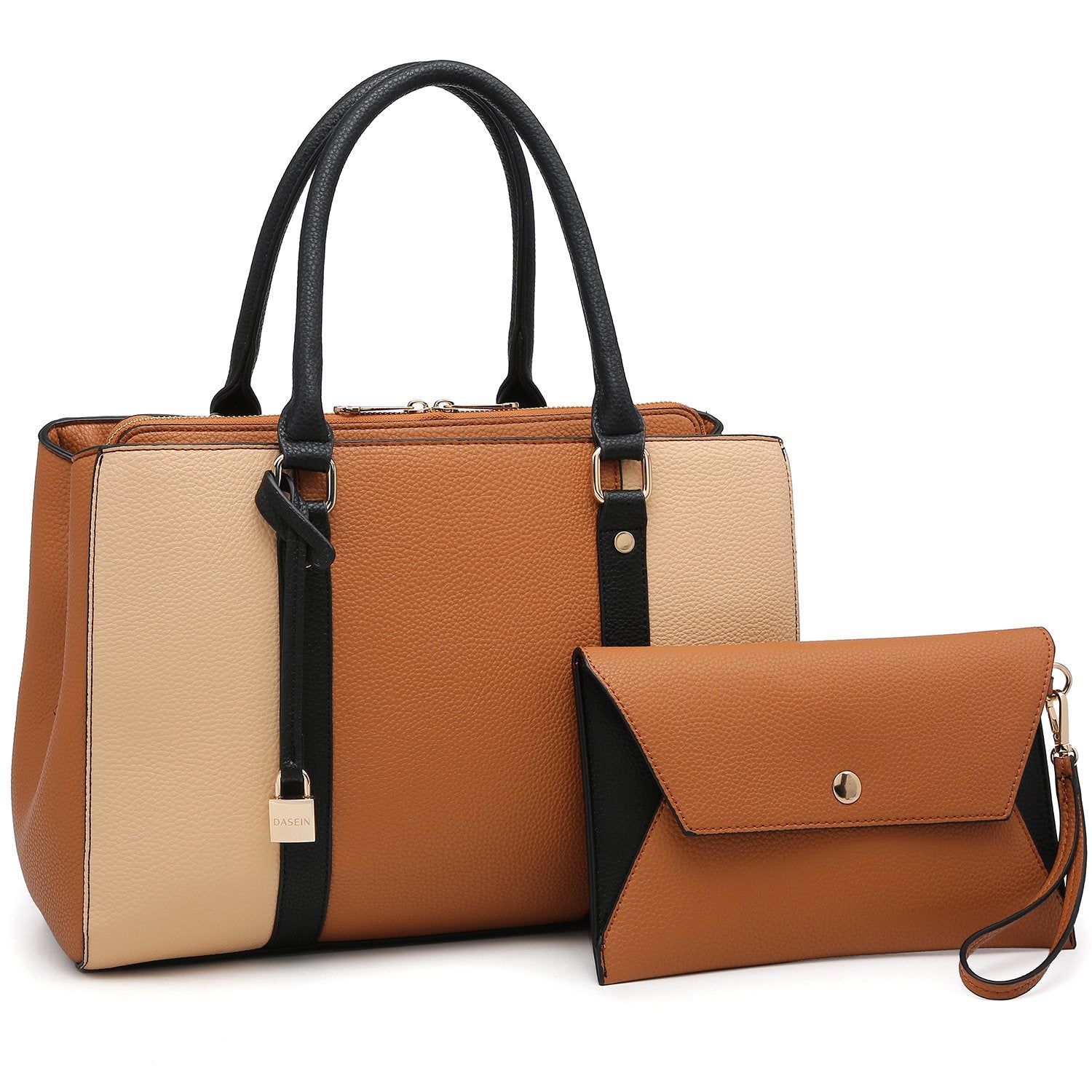 Padlock Two-Tone Satchel with Matching Wristlet-Handbags & Purses-Dasein Bags
