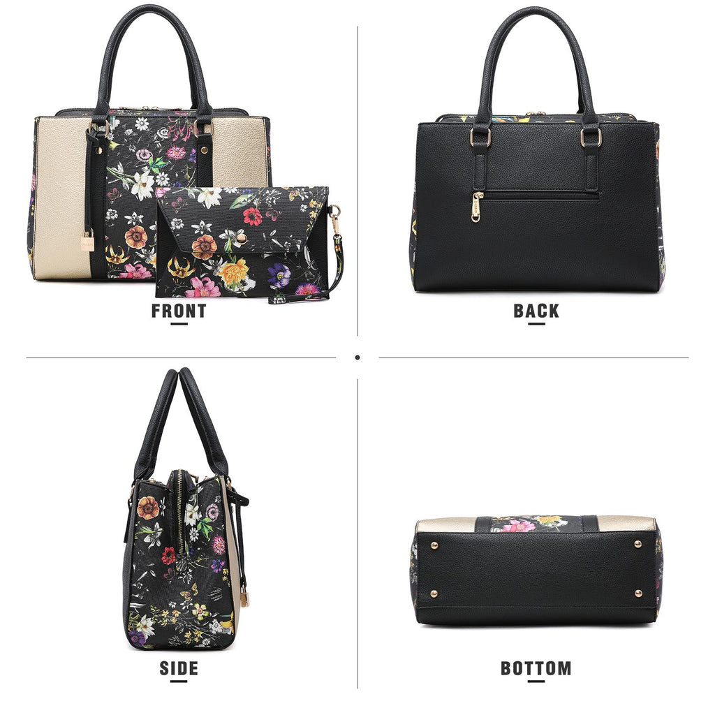 Padlock Two-Tone Satchel with Matching Wristlet-Handbags & Purses-Dasein Bags