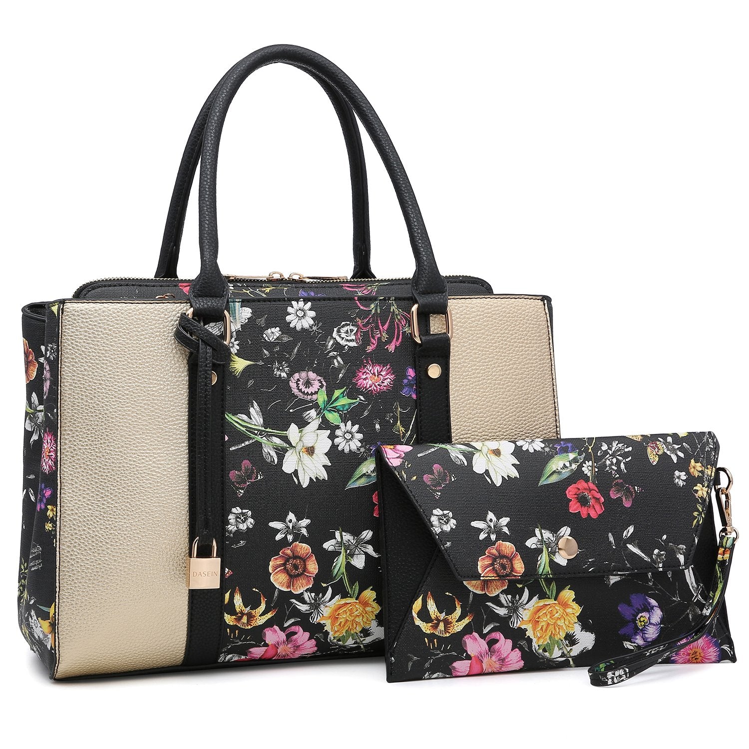 Padlock Two-Tone Satchel with Matching Wristlet-Handbags & Purses-Dasein Bags
