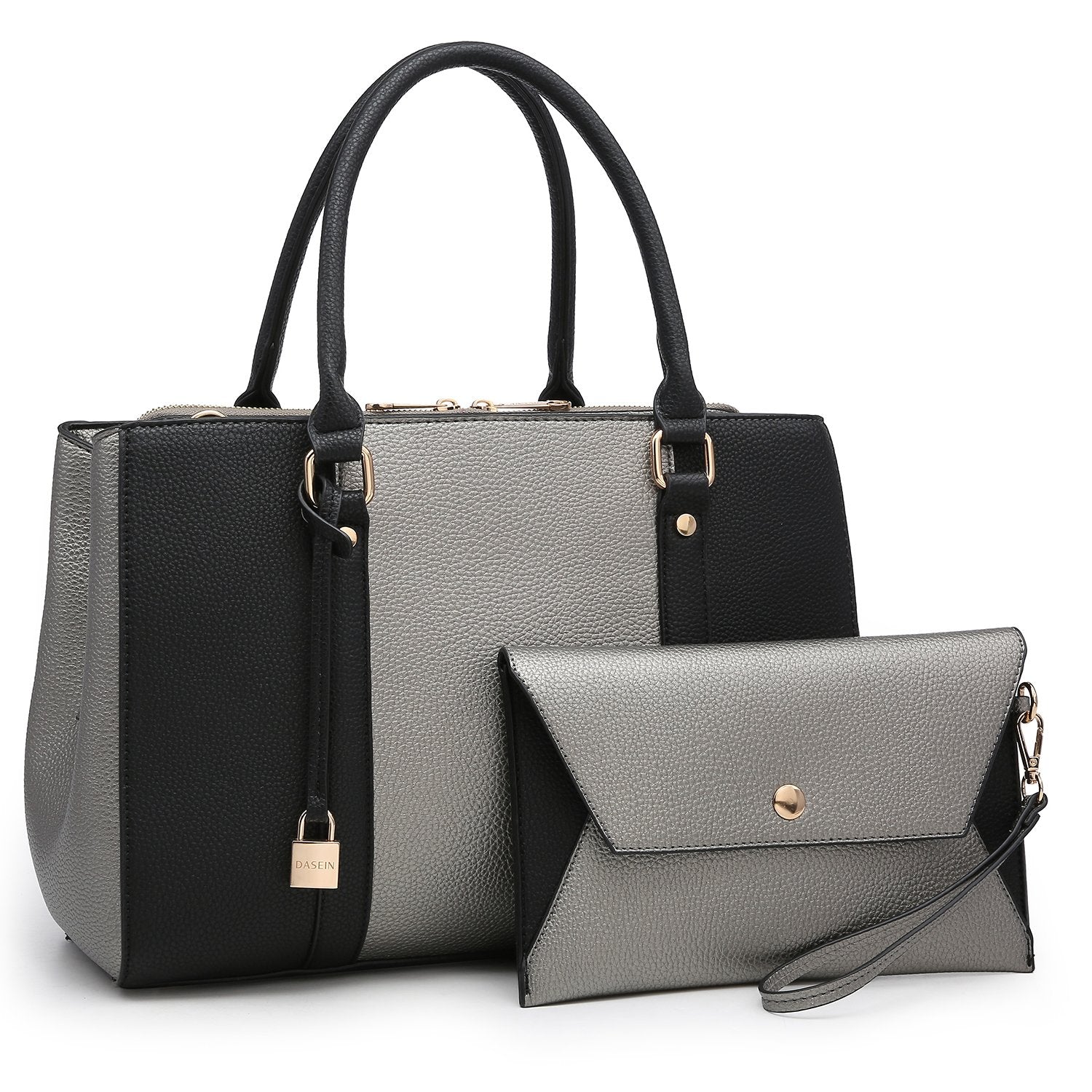 Padlock Two-Tone Satchel with Matching Wristlet-Handbags & Purses-Dasein Bags