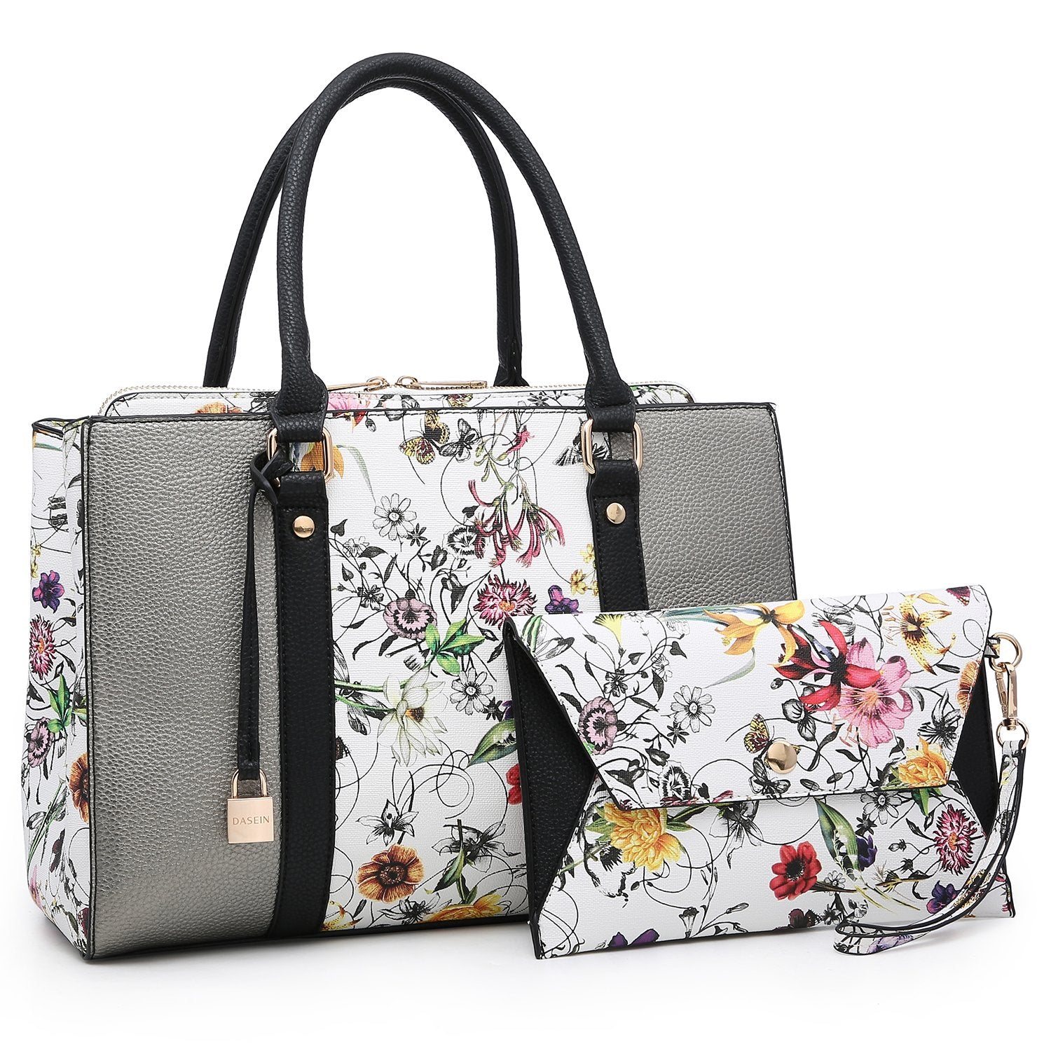 Padlock Two-Tone Satchel with Matching Wristlet-Handbags & Purses-Dasein Bags