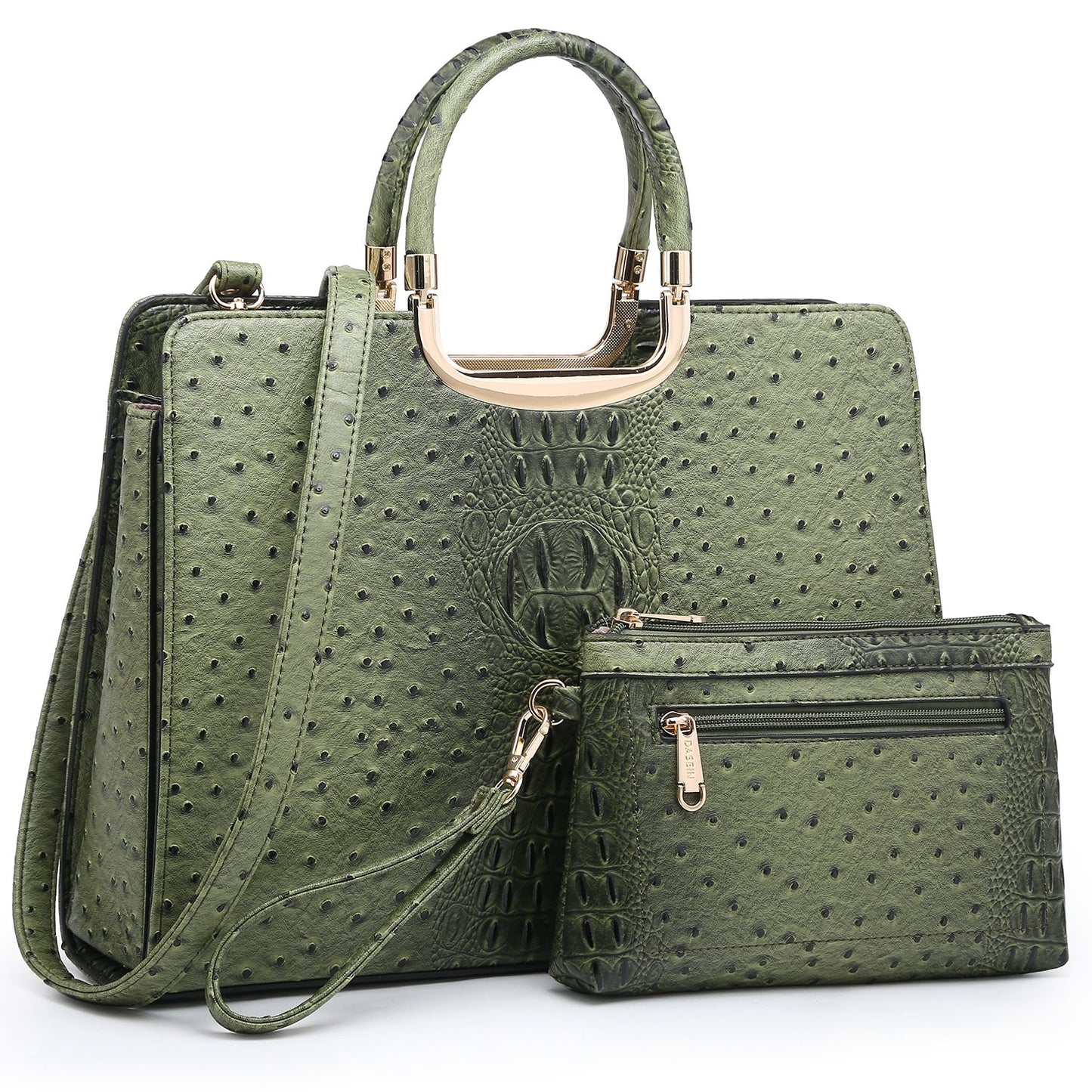 Ostrich Embossed Handbag with Matching Wallet-Handbags & Purses-Dasein Bags