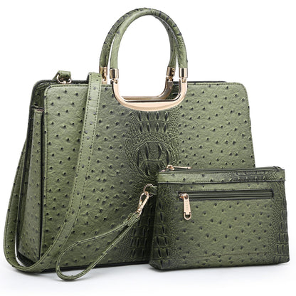 Ostrich Embossed Handbag with Matching Wallet-Handbags & Purses-Dasein Bags