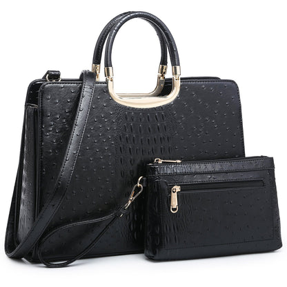 Ostrich Embossed Handbag with Matching Wallet-Handbags & Purses-Dasein Bags