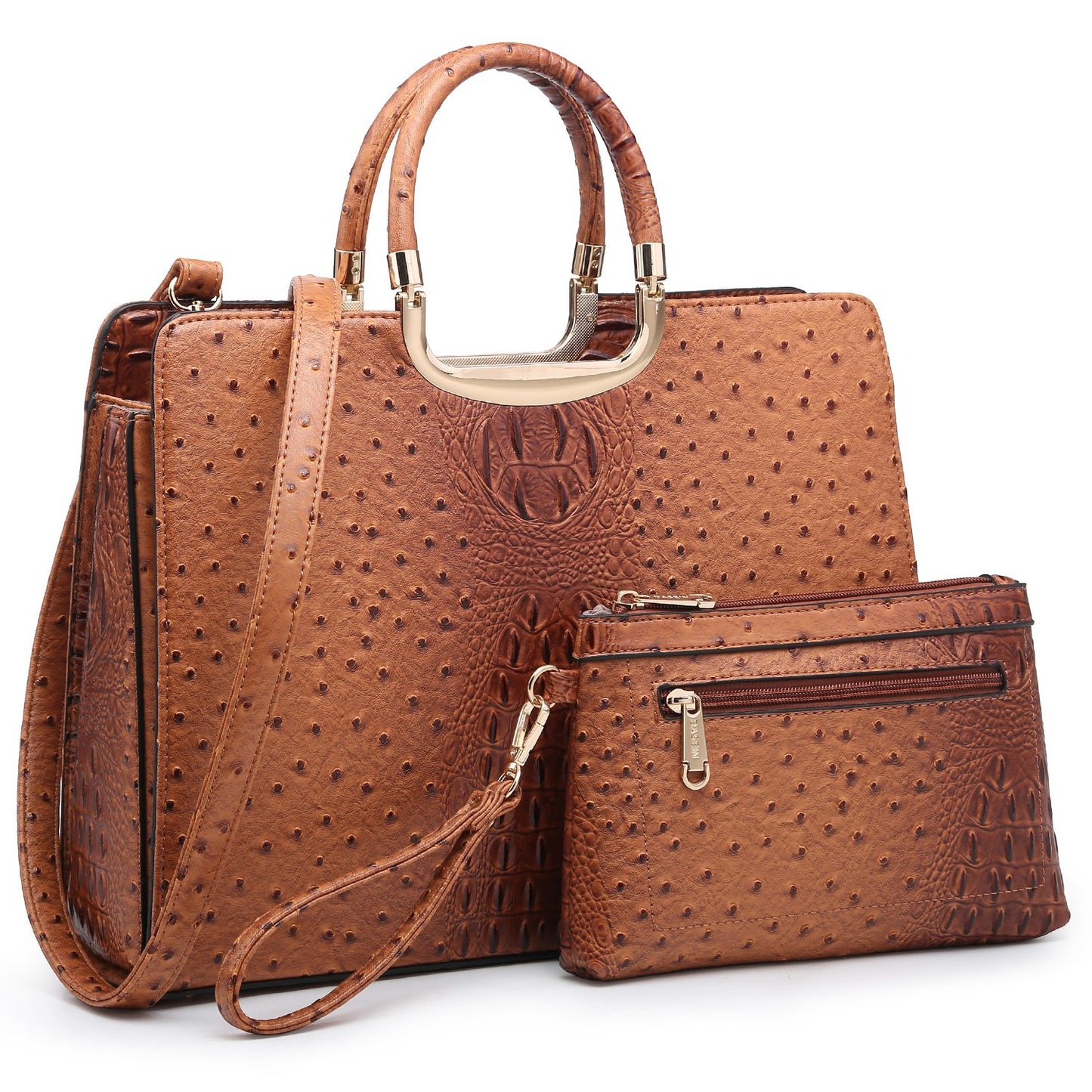 Ostrich Embossed Handbag with Matching Wallet-Handbags & Purses-Dasein Bags