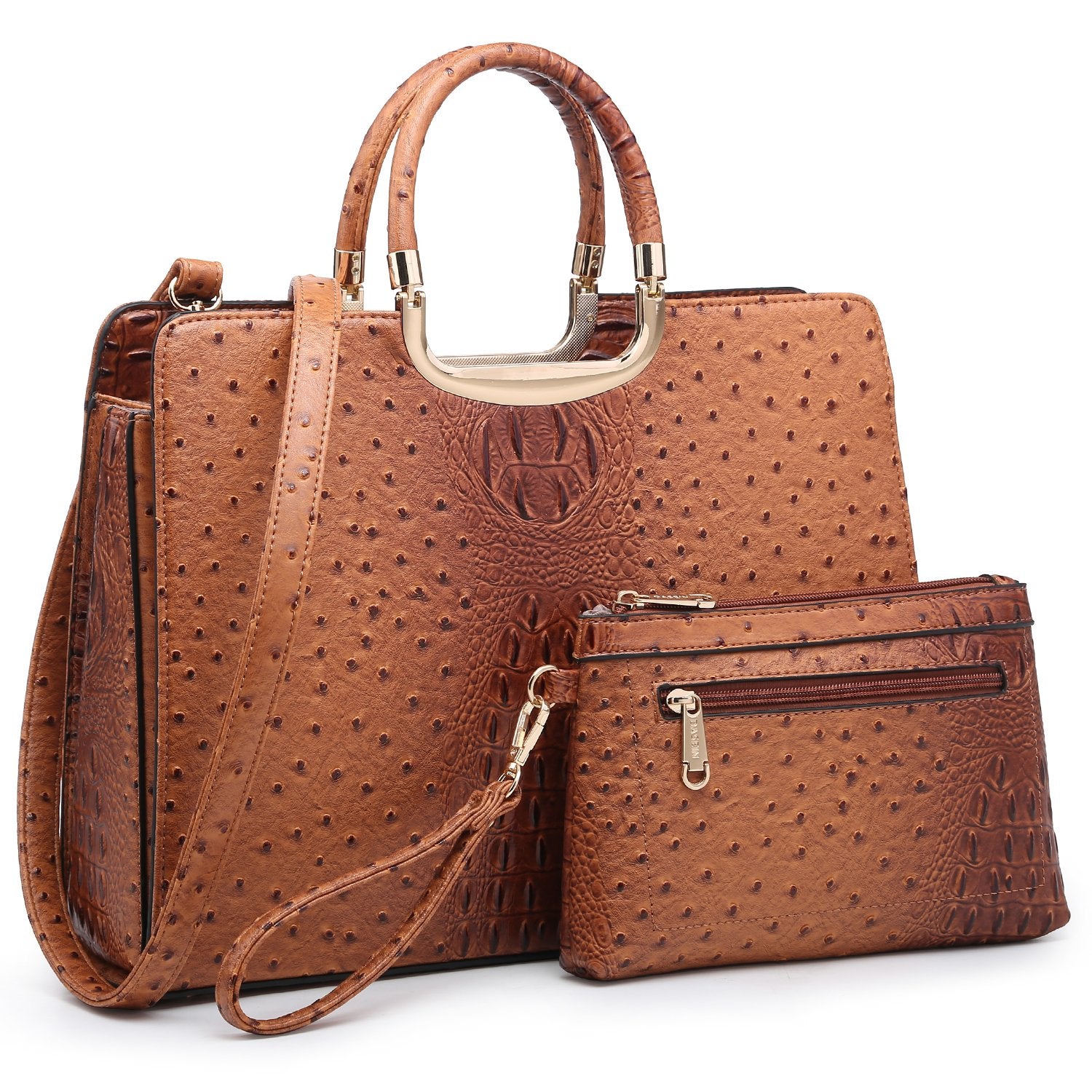 Ostrich Embossed Handbag with Matching Wallet-Handbags & Purses-Dasein Bags