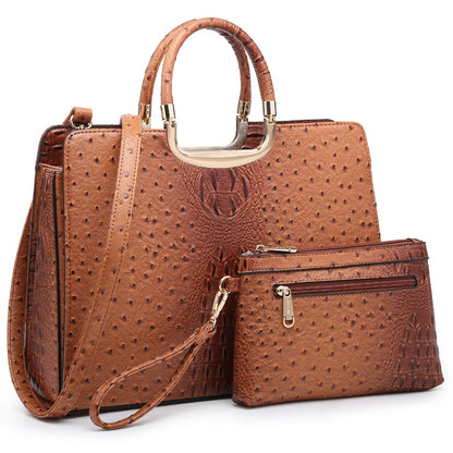 Ostrich Embossed Handbag with Matching Wallet-Handbags & Purses-Dasein Bags