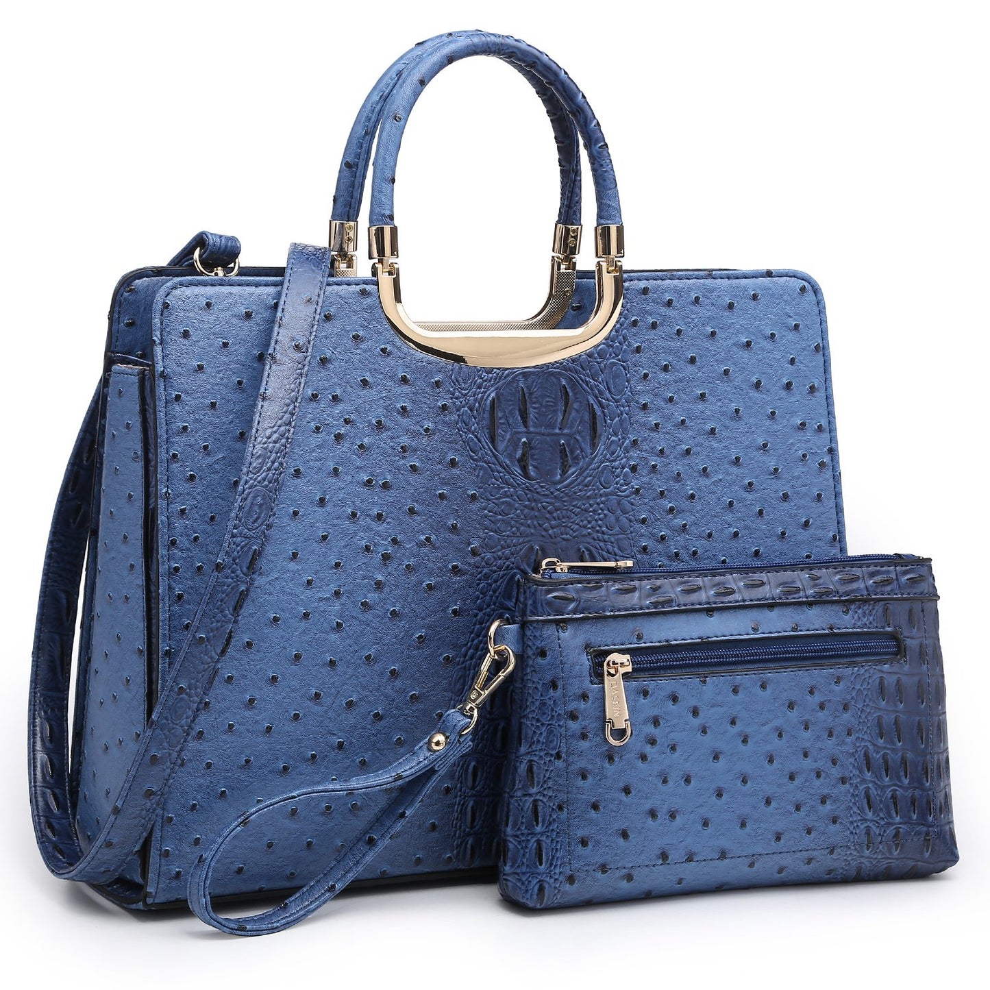 Ostrich Embossed Handbag with Matching Wallet-Handbags & Purses-Dasein Bags